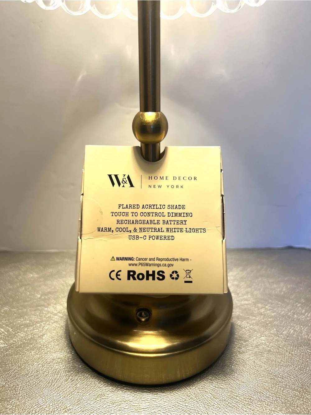 NEW W&A Home Decor Clear Acrylic Shade Rechargeable Touch Gold Table Lantern 12”